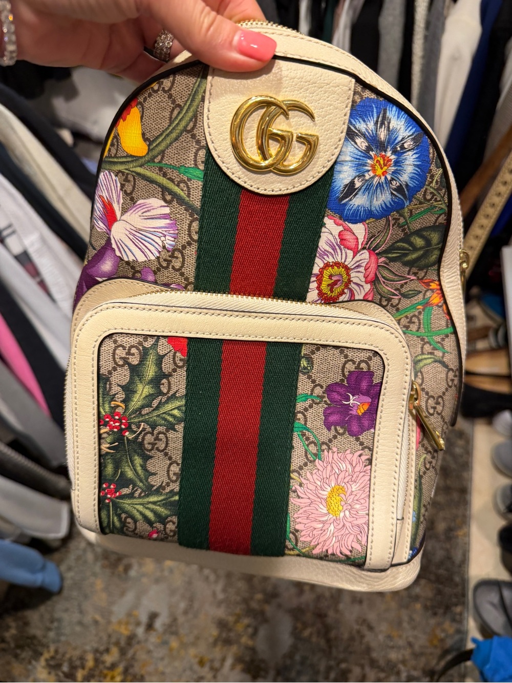 Gucci Beige Floral GG Supreme Mini Backpack with Red and Green Web - Picture 9 of 9